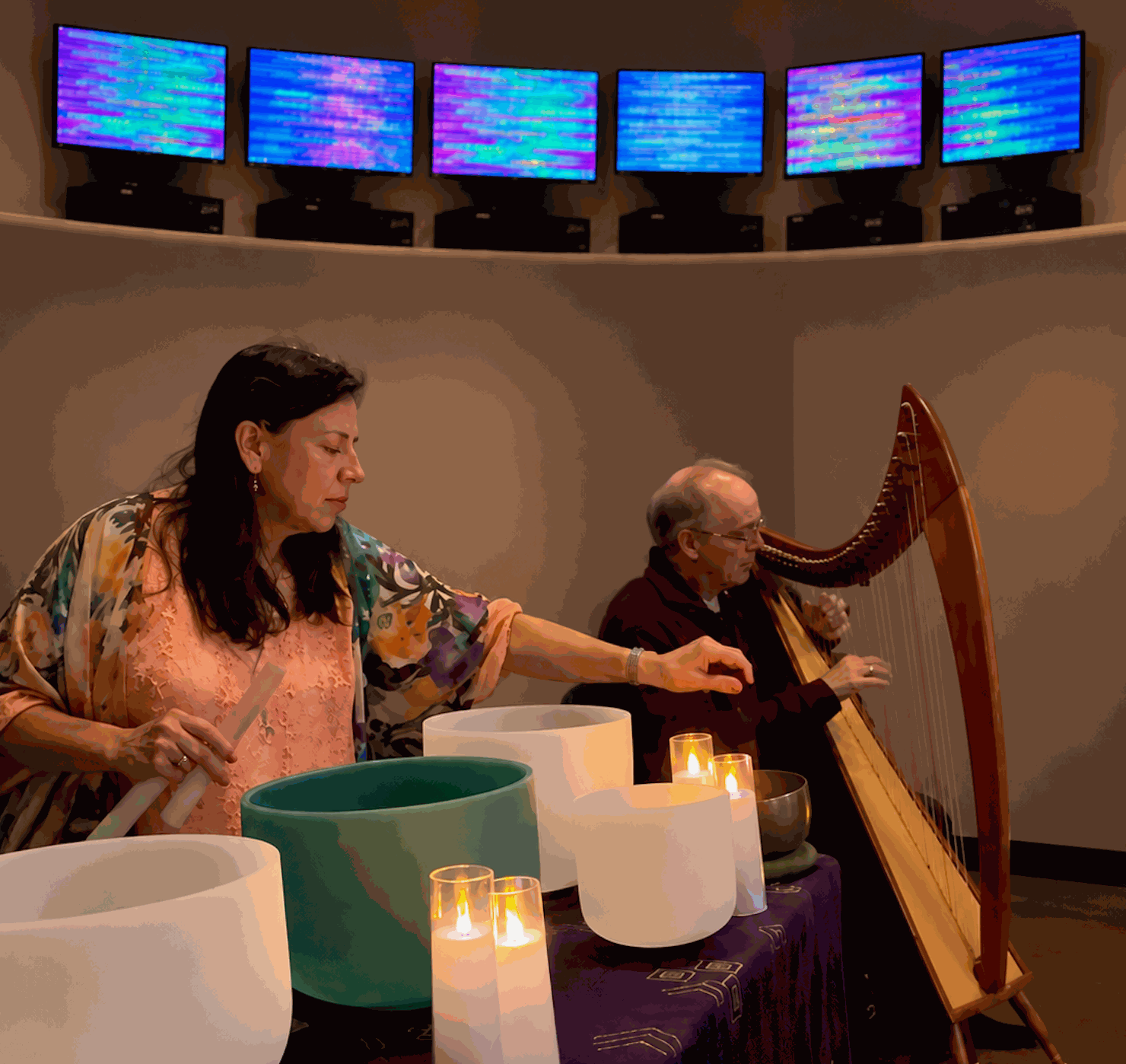Crystal bowl sound bath and harp music in the EES room